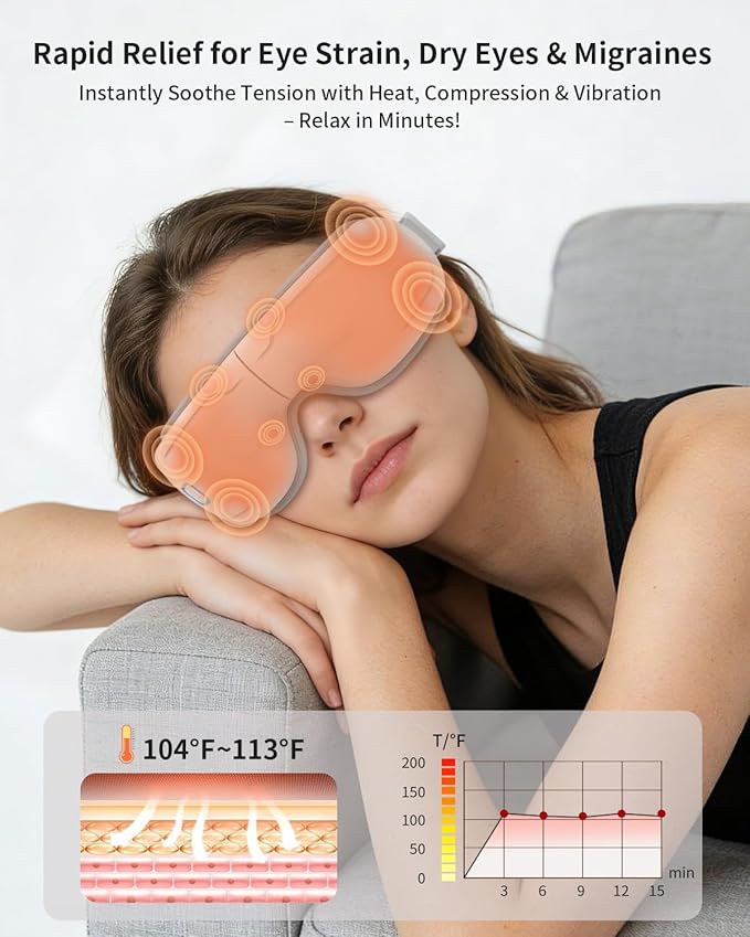 Eye Massager with Heat and Compression - Classic White Heated Eye Mask with Vibration Bluetooth Music 6 Modes Rechargeable 1200mAh Battery for Eye Strain Dry Eyes Migraines Relief