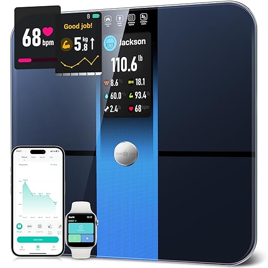 RunStar Scale for Body Weight Precision Digital Bathroom Smart Scale with 3.5 TFT Color Large Display for BMI Muscle Mass Heart Rate 22 Body Composition Analyzer Sync APP 400lb