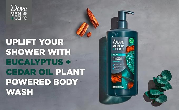 DOVE MEN + CARE Body Wash Eucalyptus + Cedar Oil to Rebuild Skin in the Shower Body Wash Sandalwood + Cardamom Oil to Rebuild Skin in the Shower