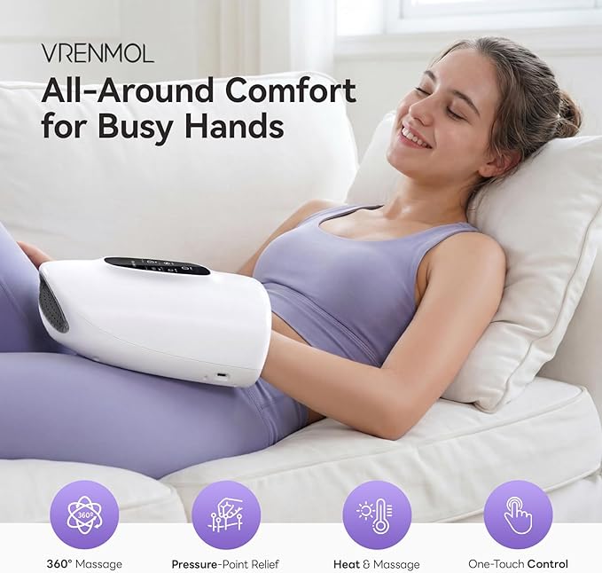 vrenmol Hand Massager with Heat and Compression: 3 Modes 5 Intensities Rechargeable Electric Hand Massage Tool for Wrist Hand Massager for Muscles Fingers 3 Type Timers Home Gift for Women Men