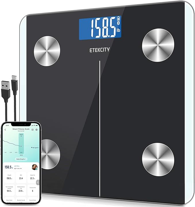 Etekcity Rechargeable Smart Scale for Body Weight Digital Bathroom Scale with BMI Body Fat Muscle Mass Accurate Weighing Machine for People Sync with Smartphone App 400lb