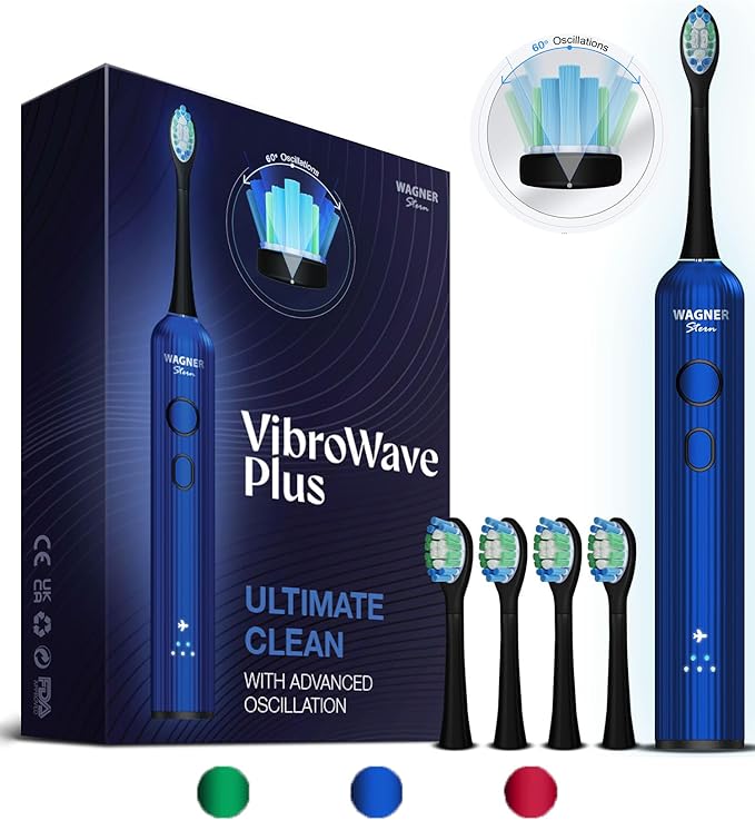 Wagner Stern VibroWave Plus Oscillation &amp Vibration Sonic Electric Toothbrush with 4 Brush Heads. IPX7 Waterproof.