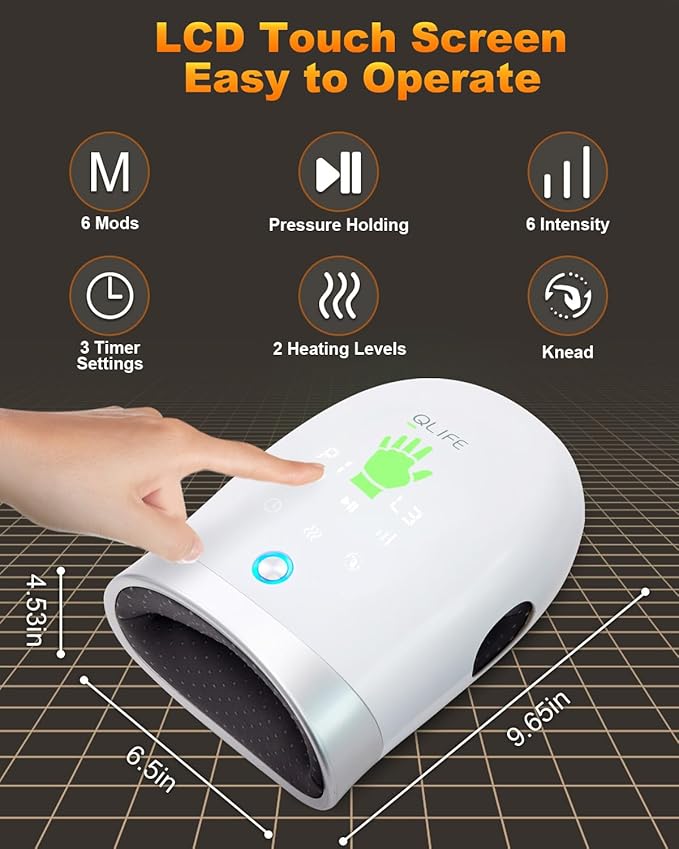 QLIFE Hand Massager with Heat and Compression Hand Massager for Arthritis and Carpal Tunnel Hand Massage with Kneading and Finger Stretching 6 Modes &amp 6 Intensity Levels for Women Men (White)