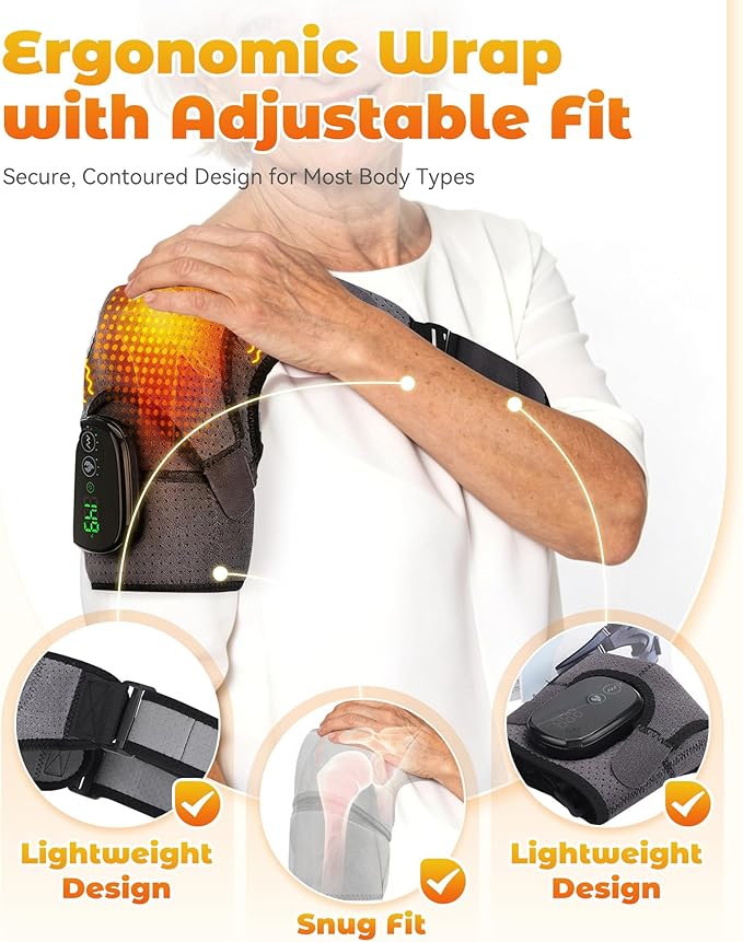 Shoulder Massager – Cordless Shoulder Heating Pad with Vibration for Deep Tissue Comfort Heated Shoulder Wrap with 3 Heating Levels &amp Vibration Adjustable Straps Left or Right (Black)