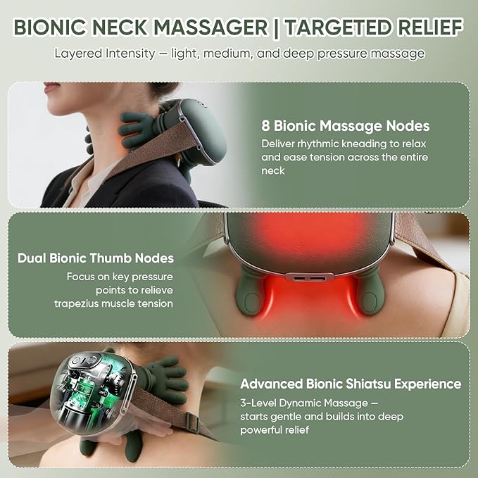 Bionic Neck Massager with Adjustable Heat Portable Deep Tissue 4D Kneading Electric Shoulder Massager Compact Design with Soft Silicone Massage Heads for Relaxation and Comfort