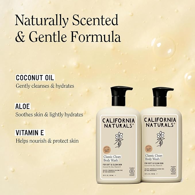 California Naturals Classic Clean Vanilla Bloom Body Wash 2-Pack Daily Cleansing Body Wash for Soft Healthy Skin Naturally Scented Vegan Cruelty Paraben &amp Sulfate Free 20 oz