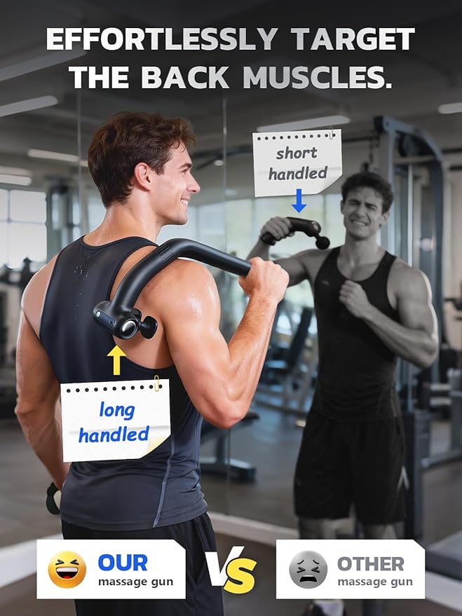 Dual Head Detachable Percussion Massage Gun with Extension Handle 3-in-1 Back Massager for Pain Relief Deep Tissue with 12 Massage Heads Muscle Massager for Arm Shoulder Lower Back Thigh Waist
