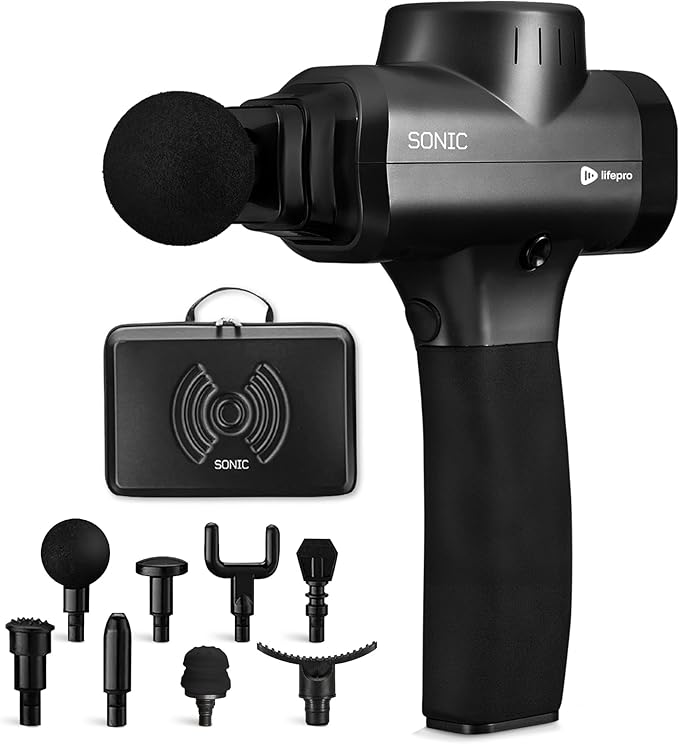 LifePro Sonic Massage Gun Deep Tissue – Quiet Handheld Percussion Massager for Athletes Pain Relief &amp Recovery – 8 Heads 5 Speeds Long Battery