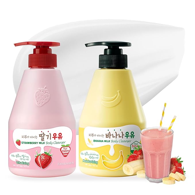 WELCOS KWAILNARA Strawberry &amp Banana Milk Body Wash Duo – Korean Body Wash Set for Deep Hydration &amp Soft Skin (2 x 19.75 Fl Oz)