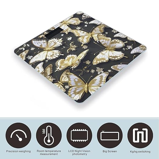 Gold White Butterflies Black Bathroom Scale for Body Weight with High Precision Large LCD Backlight Display Digital Weighing Scale with BMI Capacity Up to 180kg