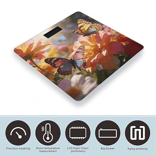 Butterflies and Flowers Weight ScaleClear LED Display Bathroom Digital Weighing ScaleTempered Glass Digital Bathroom Scale for Body Weight Capacity Up to 400 Lbs