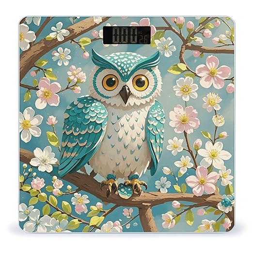 Owl Spring Flowers Turquoise Digital Bathroom Scale for Body Weight Weighing Scale with Backlit LCD Display High Precision Measurements &amp Measures Weight Up to 180kg