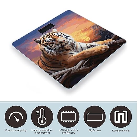 Tiger Colorful Sunset Scale with LCD Easy-to-Read Anti-Slip Weight Digital Bathroom Scale Precision Weighing Scales Sturdy Tempered Glass Body Weight Scales for Daily Use