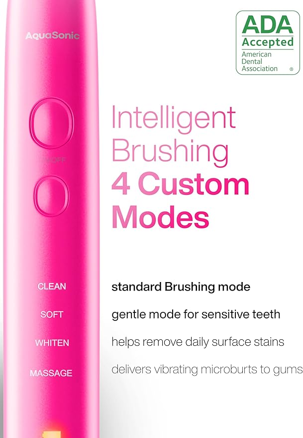 Aquasonic Vibe Series Ultra-Whitening Toothbrush – ADA Accepted Electric Toothbrush - 8 Brush Heads &amp Travel Case – 40000 VPM Motor &amp Wireless Charging - 4 Modes w Smart Timer – Electric Pink