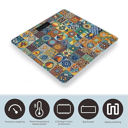African Style Patchwork Scale for Body Weight Accurate Digital Bathroom Scale Toughened Glass High Precision Scales Smart Weight Scales with Large LCD Backlight Display Weighing Machine