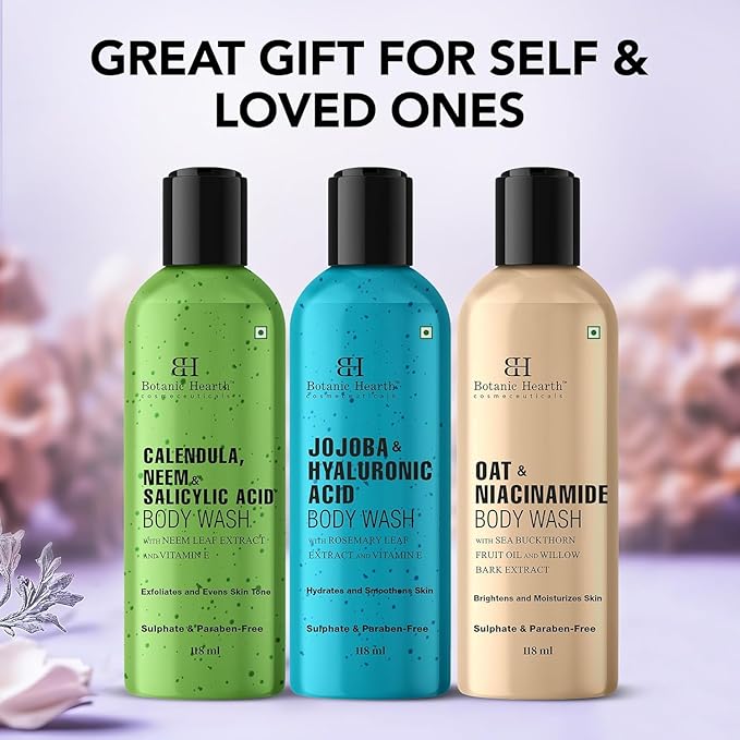 Body Wash Set of 3 – Jojoba Oat &amp Neem | Soothing &amp Exfoliating Shower Gel with Niacinamide &amp Salicylic Acid | Deep Cleansing &amp Hydrating | For All Skin Types | 118ml Each