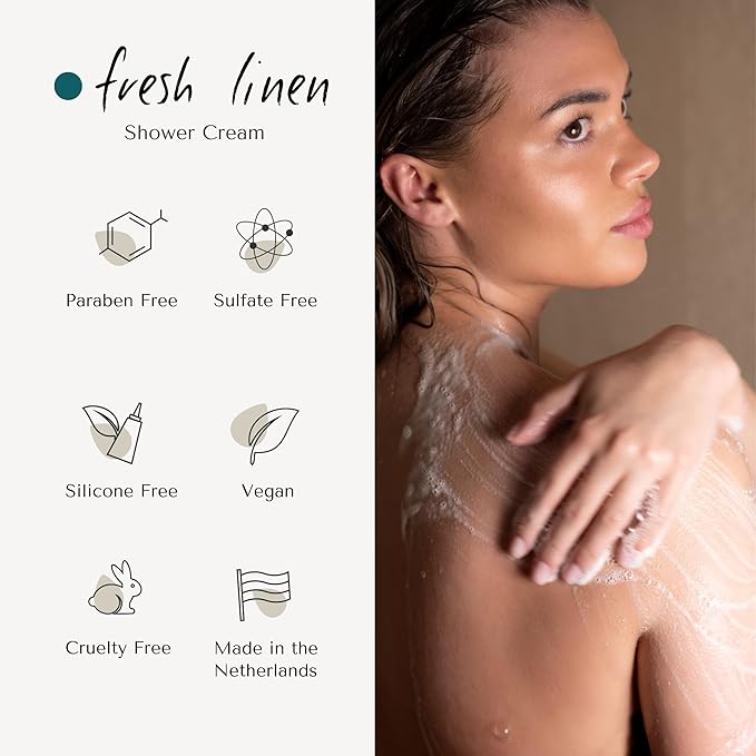 Fresh Linen Shower Cream | Dutch Made &amp Formulated | Natural Vegan Paraben Free &amp Cruelty Free| Hydrating Body Wash for All Skin Types |sulfate Silicone free | Jasmine &amp Rose Scent | 200