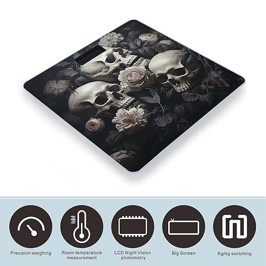 Digital Bathroom Scale for Body Weight Scale with Bright LCD Display High Accuracy Step-On Technology Auto On/Off Black and White Flowers and Skull Digital Scales 400 Lbs /180kg