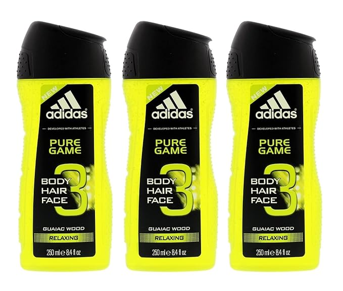 Adidas Pure Game 3-in-1 Relaxing Shower Gel Shampoo &amp Face Wash 8.4fl oz.(Pack of 3)