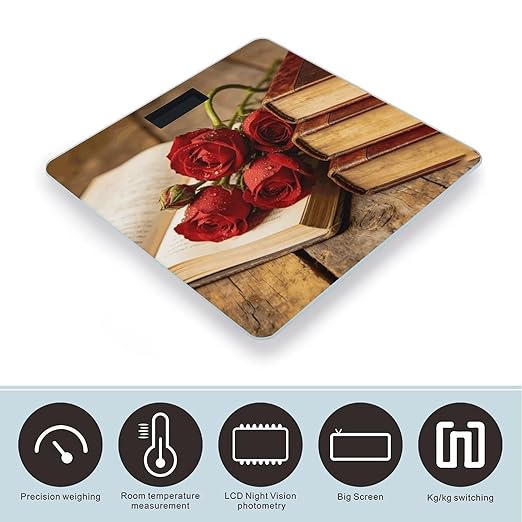 Books and Roses Weight ScaleClear LED Display Bathroom Digital Weighing ScaleTempered Glass Digital Bathroom Scale for Body Weight Capacity Up to 400 Lbs