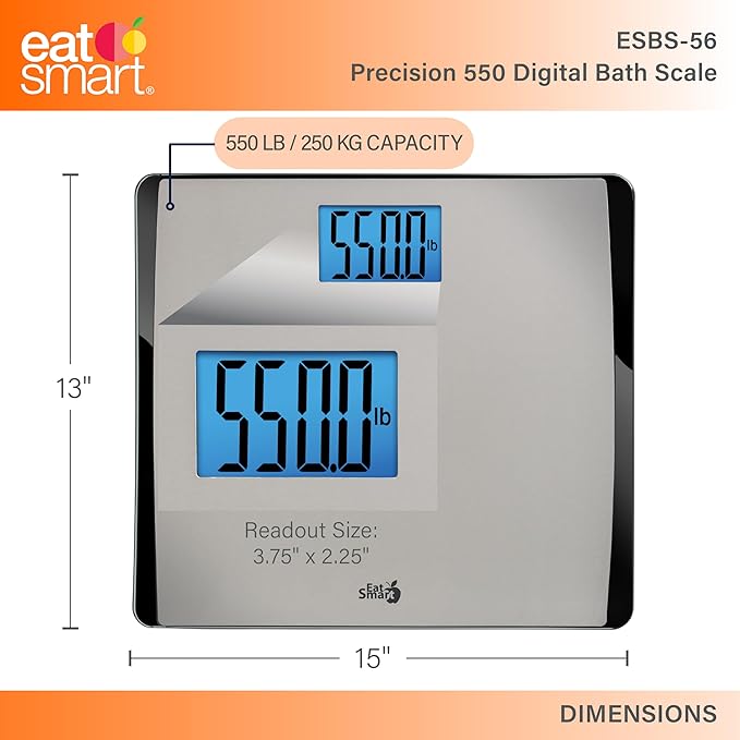 Eat Smart Precision 550 Pound Extra-High Capacity Digital Bathroom Scale Extra-Wide Platform Stainless Steel Body Weight Scale with Step-On Tech Silver