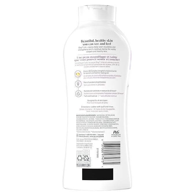 Olay Body Wash for WomenAge Defying with Vitamin E24hr MoisturizingHydrating &amp RefreshingB3 Vitamin ComplexFree of Parabens &amp Phthalatesfor All Skin TypesScented22 fl oz(Pack of 8)