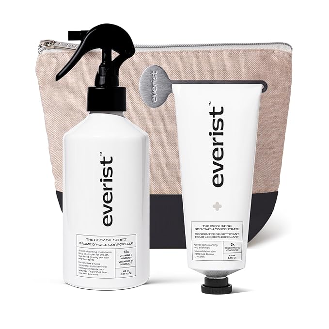 Everist The Silky Skin Ritual Set 3.4 fl. oz Exfoliating Body Wash Concentrate &amp 6.09 fl. oz Body Oil Spritz in Jute Travel Bag Cleansing &amp Hydrating For All Skin Types