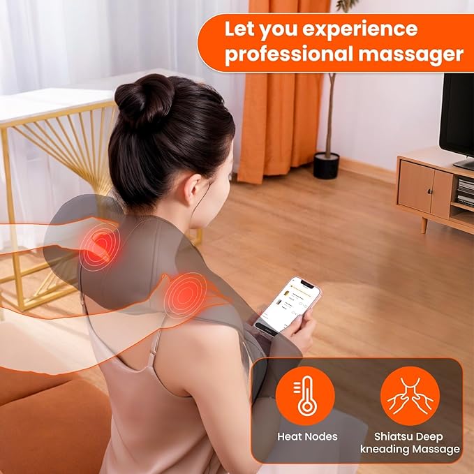 AMZPONY® Cordless Neck Massager for Pain Relief Deep Tissue Rechargeable Shiatsu Neck and Back Massager with Heat Kneading Shoulder Massage for Body Muscle Pain ReliefGifts for Dad Mom Friends