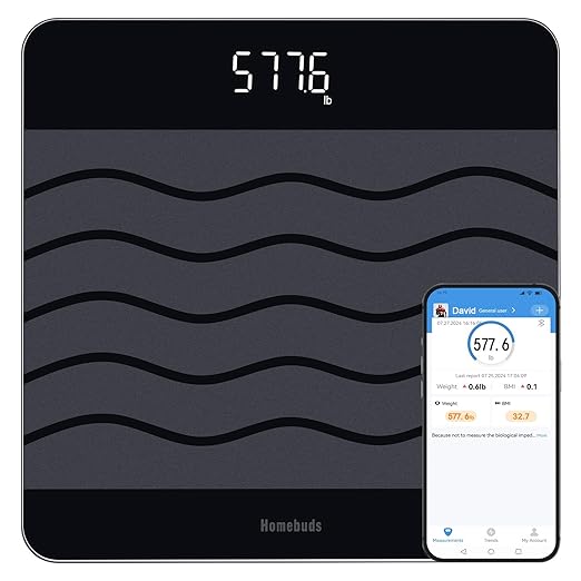 Homebuds 600lb Scale for Body Weight Precision 0.1lb by Our Professional Factory Since 2001 Digital Weight Scale and BMI Via Smart APP 8mm Non Slip Tempered Glass 12.4 * 12.4in LED Black