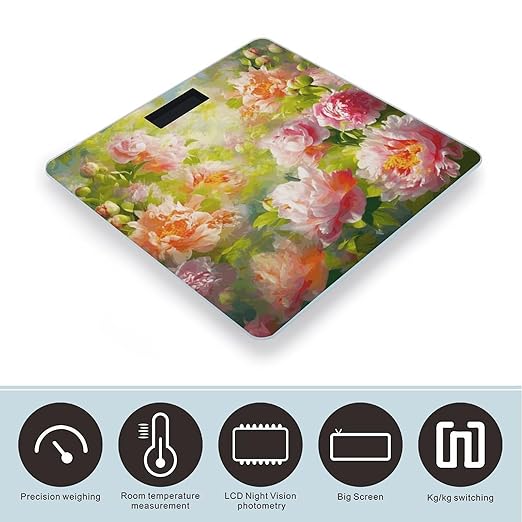 Bright Peonies Scale for Body Weight Anti-Slip Sturdy Tempered Glass Weighing Machine Highly Digital Accurate Bright LCD Bathroom Scale for Household Gift