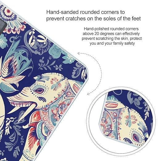 Boho Elephant Scale for Body Weight Safe Rounded Corners Tempered Glass Digital Bathroom Scale LED Display 400lb Capacity Weight Scales with High Precision Sensors