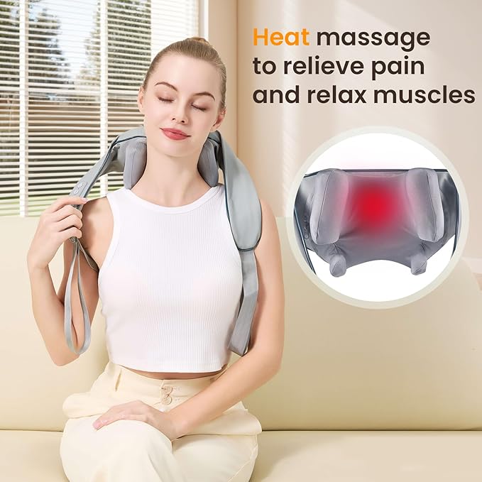 4D Wireless Deep Tissue Kneading Neck Massager with Heating Function Shiatsu and Shoulder Massage PillowBack and Leg Pain Relief Body Muscle Pain Relief Perfect Gifts for Men Women. (Grey)