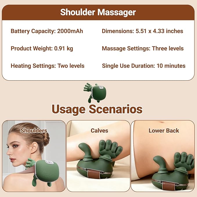 Neck Massager with Heat Simulating Authentic Palm-Style Neck and Shoulder Massage 4D Kneading Massage Relieves Fatigue and Relaxes Muscle Tension(Green)