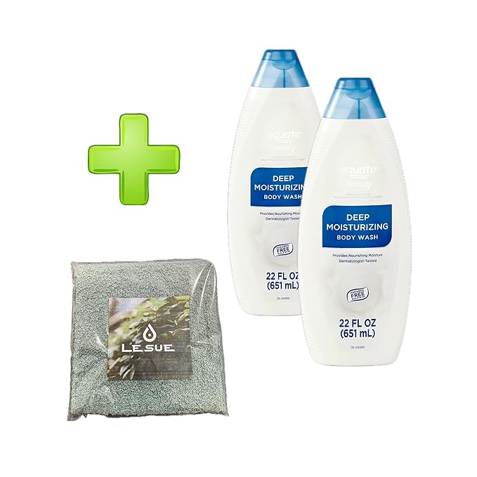 Equate Deep Moisturizing Body Wash 44 fl oz (2-Pack) with LeSue Washcloth (Assorted Colors)