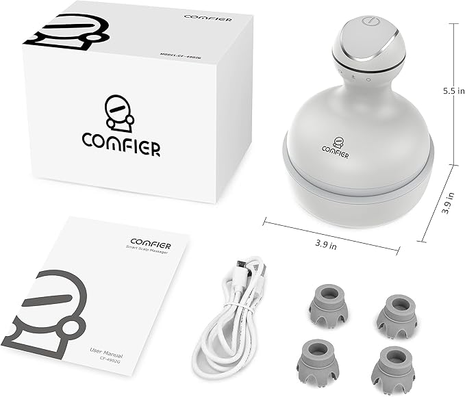 COMFIER Electric Scalp Head Massager with 4 Soft Silicone Massage Heads Portable Hair Massager for Hair Growth Relieve Stress Head Scratcher for Deep Relaxation Dog Cat Massager Gray