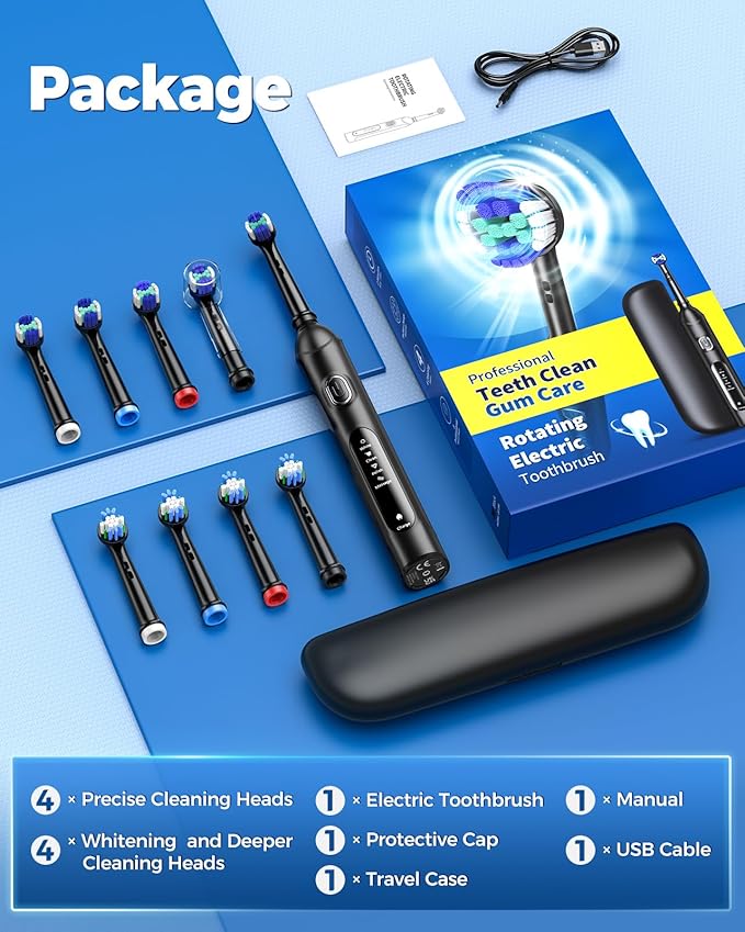 TEETHEORY Rotating Electric Toothbrush for Adults with 8 Brush Heads (2 Types) 4 Modes Deep Clean Electric Toothbrush with Rechargeable Power and 2 Min Smart Timer (1- Black with travelcase)