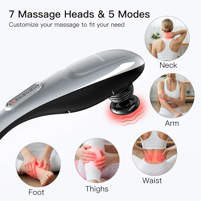 MEGAWISE Handheld Back Massager | Deep Tissue Percussion Massage for Back Neck Shoulders Waist and Legs (Cordless Silver)