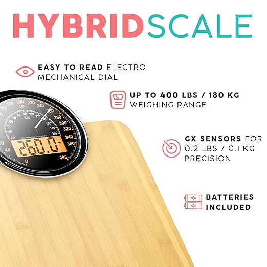Adamson Hybrid 2-in-1 Analog &amp Digital Weighing Scale for Body Weight up to 400lbs - Thick Tempered Glass - Extra Large Display - Easy to Read Digital Bathroom Scale - New - Wood
