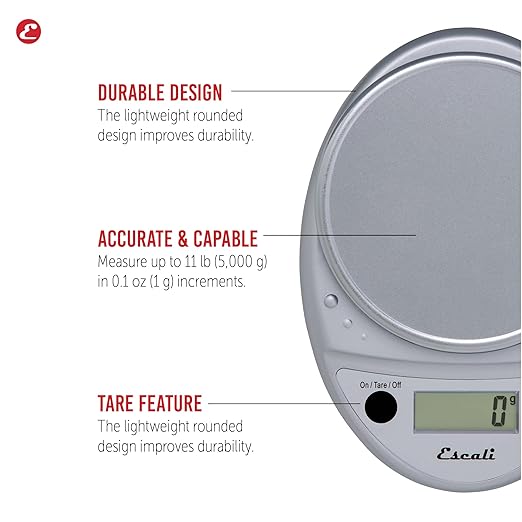 Escali Primo Digital Food Scale Multi-Functional Kitchen Scale and Baking Scale for Precise Weight Measuring and Portion Control 8.5 x 6 x 1.5 inches Chrome
