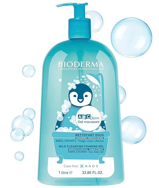 Bioderma ABCDerm Foaming Gel Gentle Skin Cleanser and Moisturizing Body Wash for Babies and Children 33.8 Fl Oz