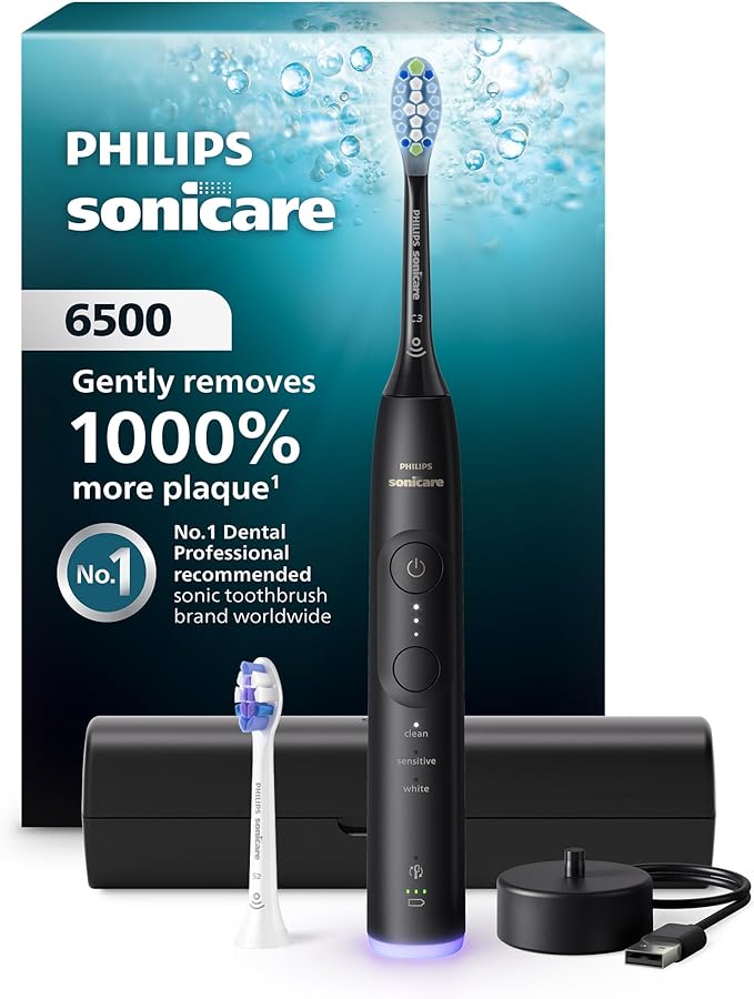 Philips Sonicare 6500 Series Electric Toothbrush - Next-Generation Sonicare Technology Pressure Sensor 9 Brushing Settings SmarTimer BrushPacer 21-Day Runtime Travel Case Black HX7411/08