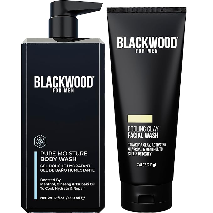 Blackwood For Men Body (17 oz) &amp Face Wash (7.41 oz) Bundle - for Sensitive Skin Workout Recovery Deep Cleansing Acne - Infused with Ginseng Menthol Charcoal &amp Clay - Sulfate Free Parabe