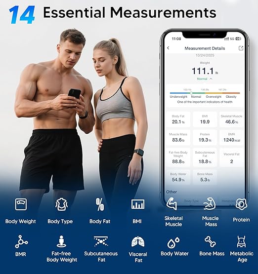 GE Smart Scale for Body Weight BMI Fat Muscle Mass with 14 Body Composition Metrics &amp All-in-one LCD Display Digital Bathroom Weight Scales Bluetooth with App Accurate Weighing Machine 400 lbs