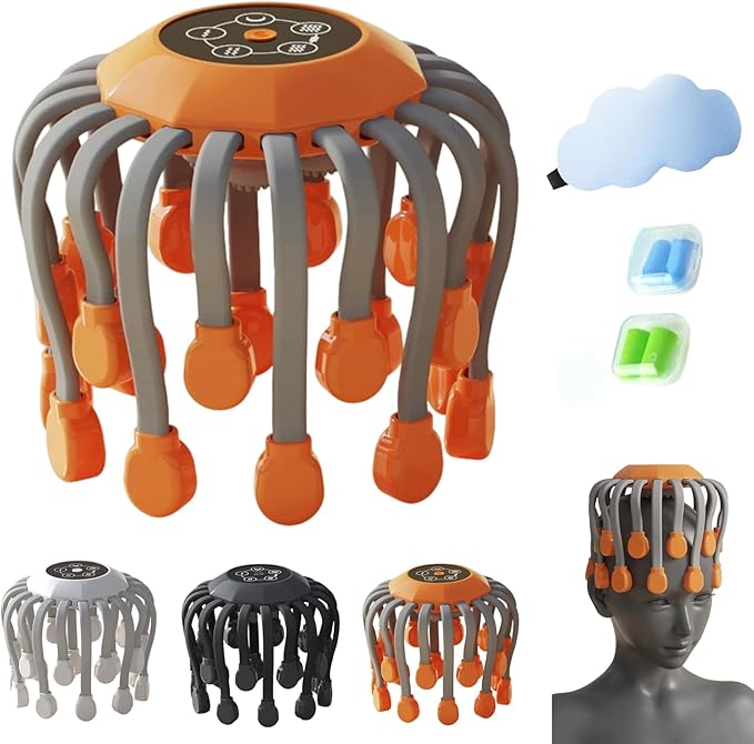 Head Massager 360° Octopus Electric Scalp Massager with 10 Vibrating Points Automatic Scalp Scratcher Promotes Cordless Portable Head Scratcher for Stress Relax (1 Orange)