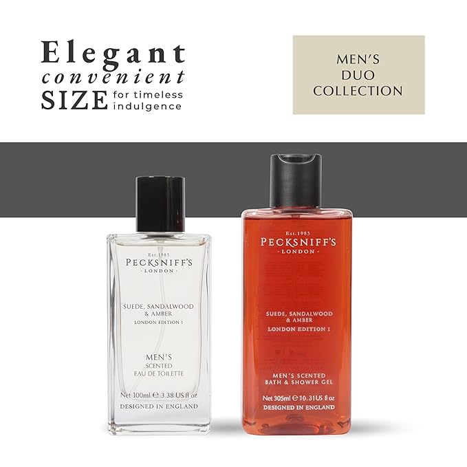 Pecksniff’s Men’s London Edition Fragrance Duo Gift Set – Suede Sandalwood &amp Amber Eau de Toilette 100ml &amp Bath &amp Shower Gel 300ml