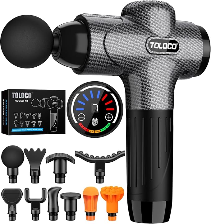 TOLOCO Massage Gun Upgrade Deep Tissue Back Massager with 10 Replacement Heads Percussion Massage Guns for Athletes for Pain Relief Super Quiet Electric Massager for Valentine Gift Carbon