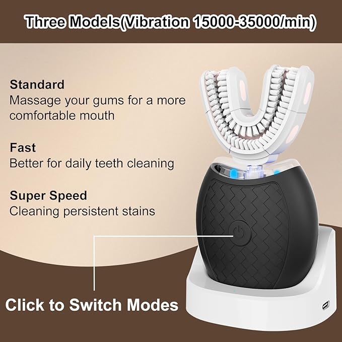 Electric Toothbrush for Adults360 Degree Cleaning Sonic Toothbrush U Shaped Tooth Brush has 23760 Nylon Bristles Sonic Automatic with 3 Modes Standard Fast Ultra Fast(Black)