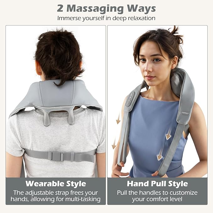 COSTWAY Neck Shoulder Massager with Heat 4D Deep Tissue Kneading Shiatsu Machine for Pain Relief Portable Cordless Neck Back Leg Massager Pillow Gift for Mom Dad Family Women Men (Grey)