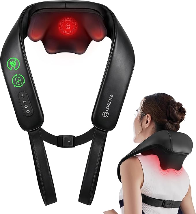 COMFIER Shiatsu Neck Massager with Heat - Cordless 4D Neck and Shoulder Massager for Pain Relief Deep Tissue Graphene Heating Trapezius Muscle Relaxer Massage Pillow Black