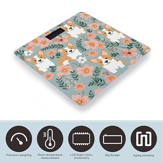 Corgi Floral Flowers Spring Garden Scale for Body Weight Sturdy Tempered Glass Weighing Scales with LCD Display Accurate Digital Bathroom Scale Convenient Body Fat Smart Scales Easy Read